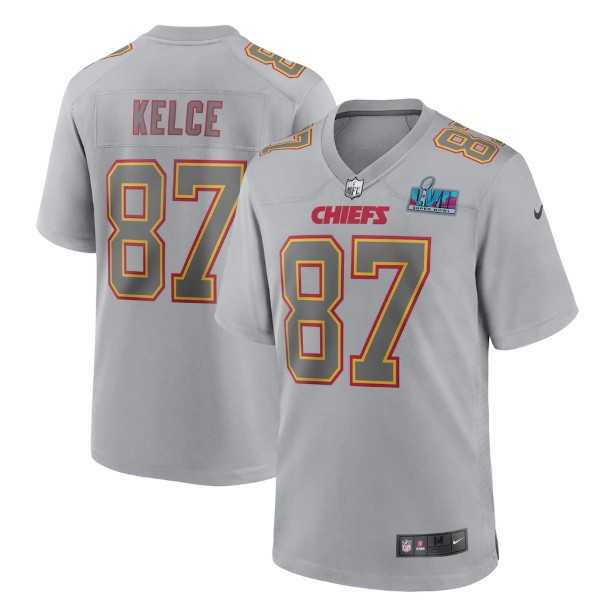 Mens Kansas City Chiefs #87 Travis Kelce Gray Super Bowl LVII Patch Atmosphere Fashion Stitched Game Jersey->kansas city chiefs->NFL Jersey